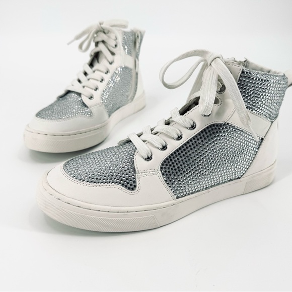 NWOB Steve Madden Rhea Glass Rhinestone Flocked Leather High Top Sneakers - Picture 3 of 14